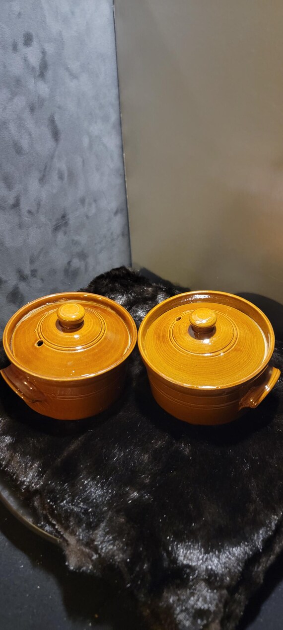 Pearsons of Chesterfield 1-Pint Brown Glazed Stoneware Crocks with Lids, made in England