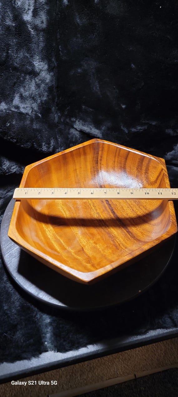 Handcrafted Acacia Wood Pentagonal Bowl – 11" Geometric Mid-Century Modern Centerpiece