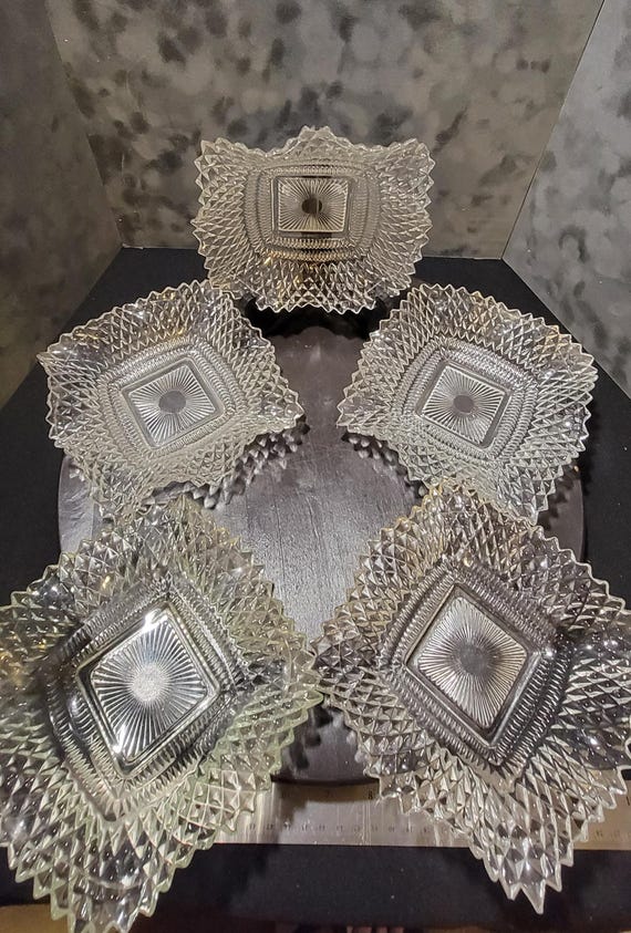 Set of 5 Vintage Pressed Glass Bowls – Starburst Sawtooth Pattern, Square Clear Glass Dishes, Dessert or Berry Bowls