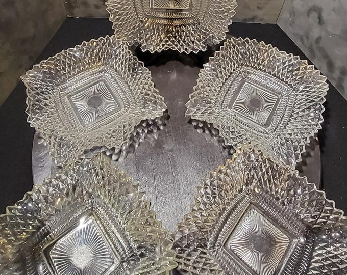 Vintage Starburst Pressed Glass Bowls - Set of 5 Square Dessert Dishes