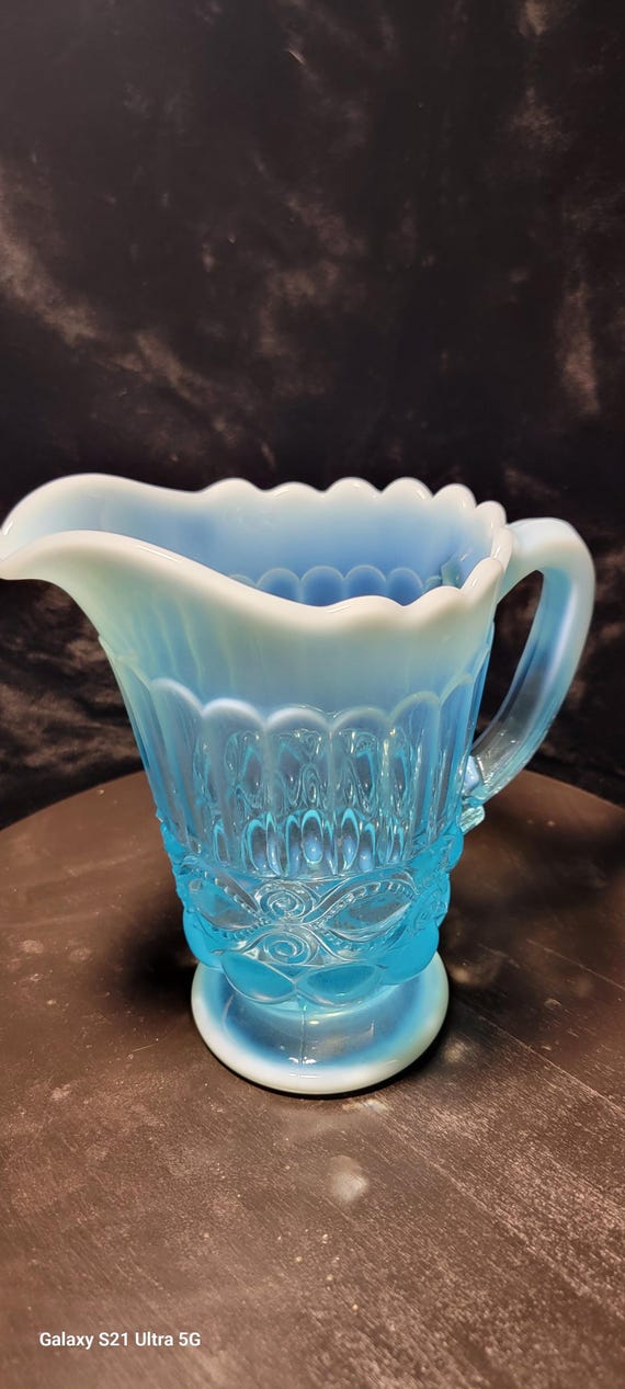Vintage Mosser Glass Small Pitcher – Eye Winker Pattern – Blue Opalescent
