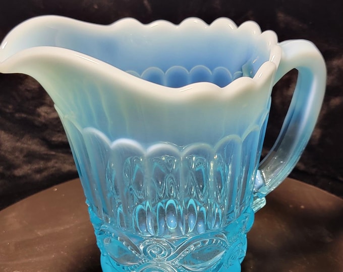 Vintage Mosser Glass Small Pitcher – Eye Winker Pattern – Blue Opalescent