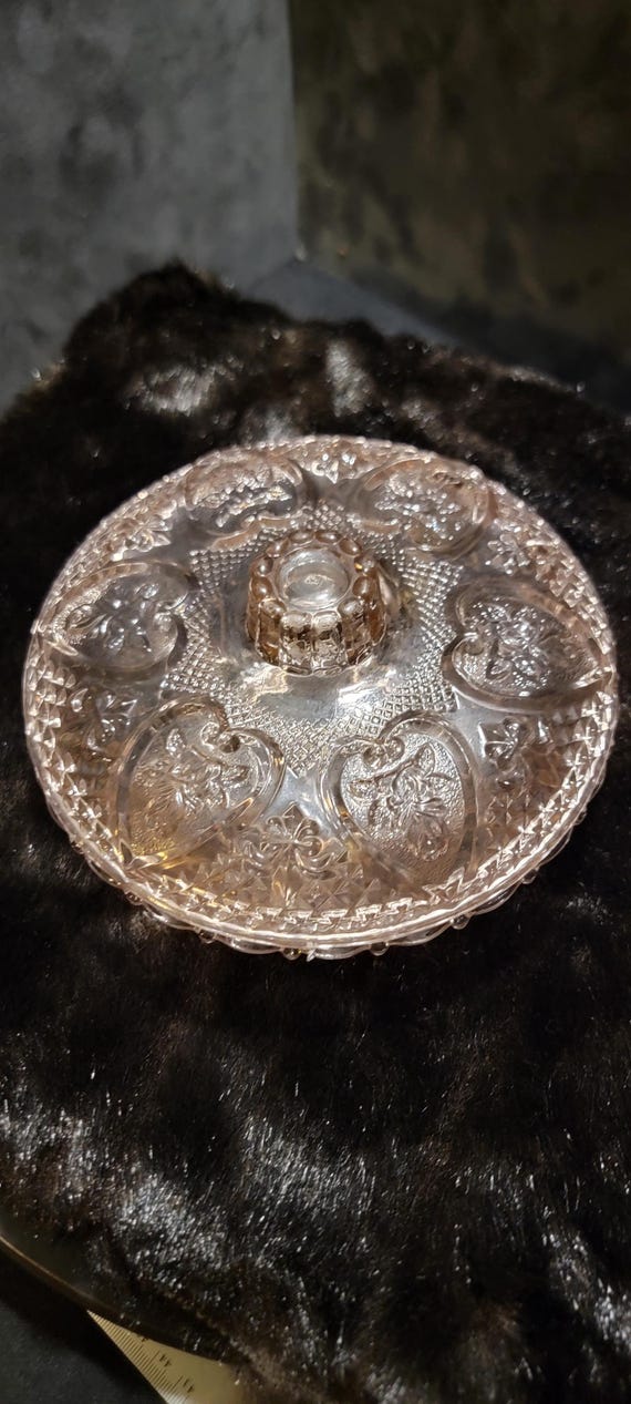 Vintage Pink Pressed Glass Relish Dish – Hearts and Fleur-de-Lis Pattern, Stamped “Made in Indonesia,”
