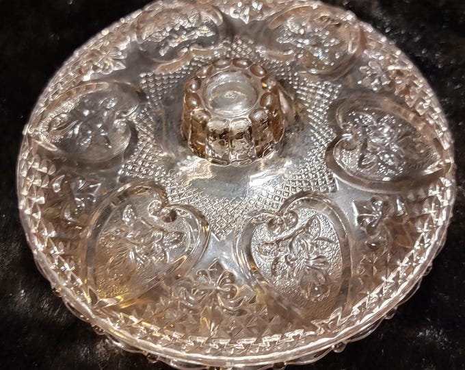Vintage Pink Pressed Glass Relish Dish – Hearts and Fleur-de-Lis Pattern, Stamped “Made in Indonesia,”