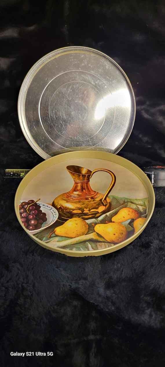 Vintage Round Metal Tin Cookie Container with Serving Tray Lid Fruit & Pitcher