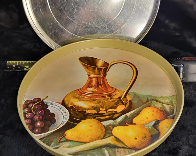 Vintage Round Metal Tin Cookie Container with Serving Tray Lid Fruit & Pitcher