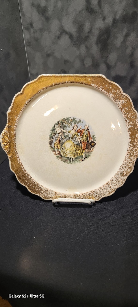 Vintage Hampton China Decorative Plate Gold Rim Victorian Scene, Scalloped Edge Transferware Plate, Made in China Wall Display Plate