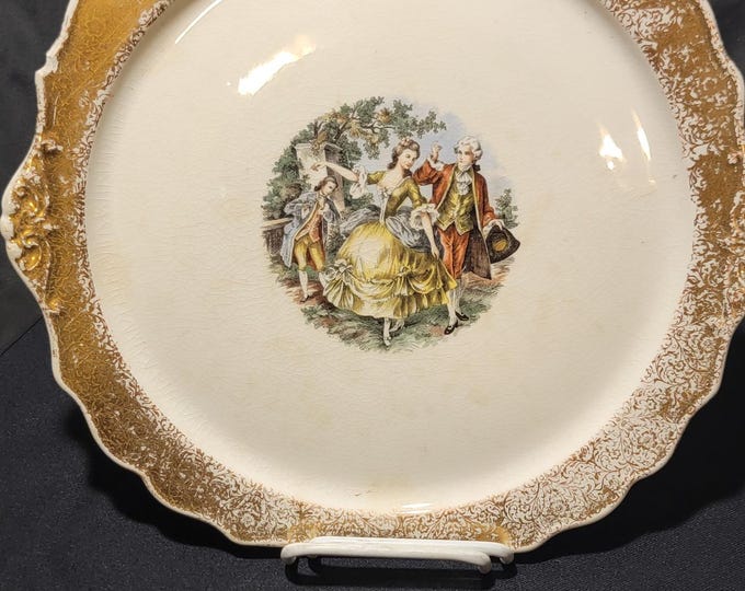Vintage Hampton China Plate, Victorian Scene, Gold Rim, Scalloped Edge, Decorative Wall Display