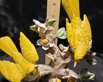 Vintage Hira Japan Porcelain Bird Figurine – Hand Painted Yellow Birds on Tree – Floral Mid Century Home Decor – Collectible Gift