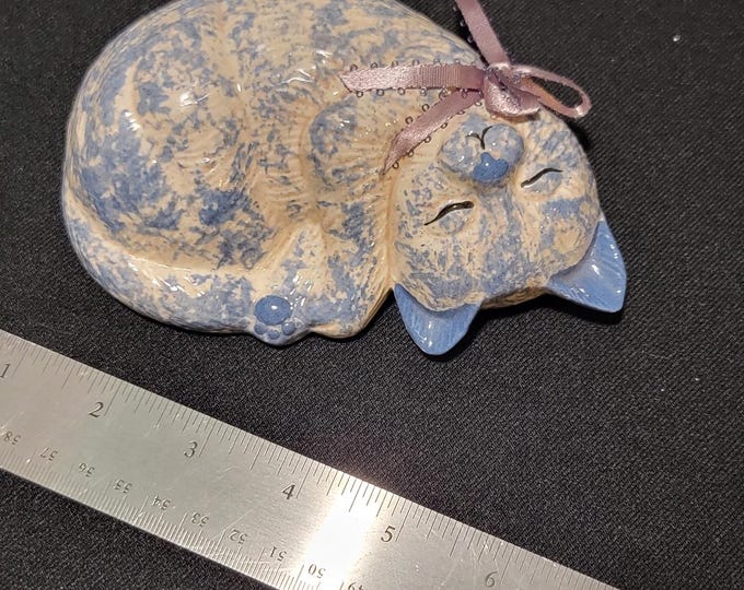 Vintage Sleeping Cat Figurine | Blue Spongeware Ceramic Katy's Country Creamery Cottage Decor