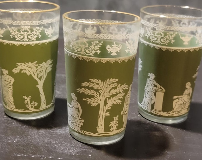 Set of 3 Vintage Green Neoclassical Tumblers with Gold Rim – Mid-Century Greco Roman Glassware