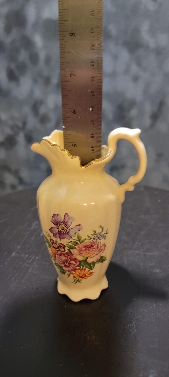 Vintage Mini Floral Porcelain Pitcher Vase: Shabby Chic Gold Trim