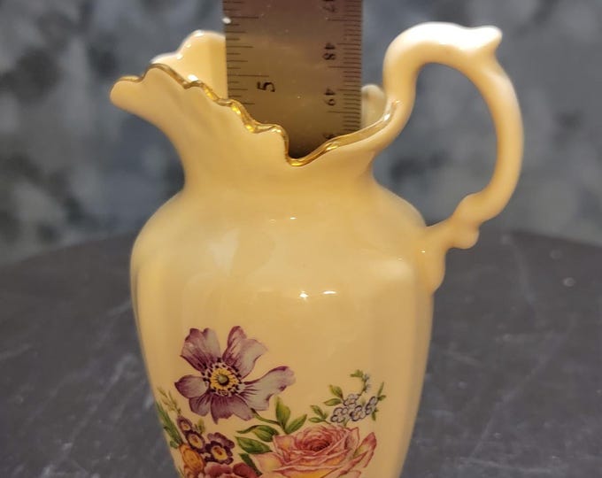 Vintage Mini Floral Porcelain Pitcher Vase: Shabby Chic Gold Trim