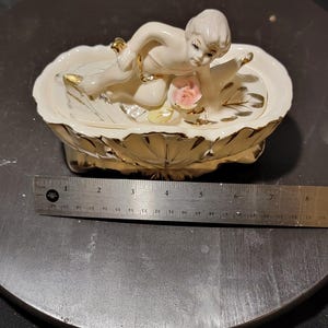 Vintage Porcelain Cherub Centerpiece with Gilt Accents & Floral Bowl – Mid-Century Decorative Figurine