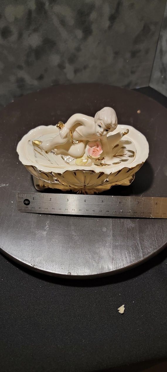 Vintage Porcelain Cherub Centerpiece with Gilt Accents & Floral Bowl – Mid-Century Decorative Figurine