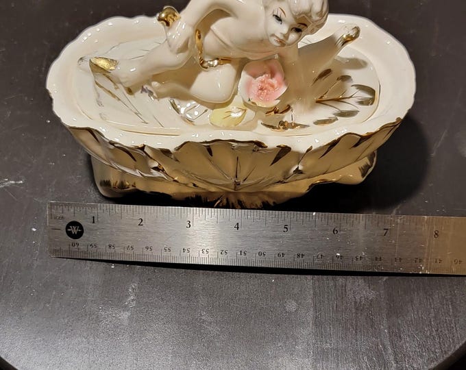 Vintage Porcelain Cherub Centerpiece with Gilt Accents & Floral Bowl – Mid-Century Decorative Figurine