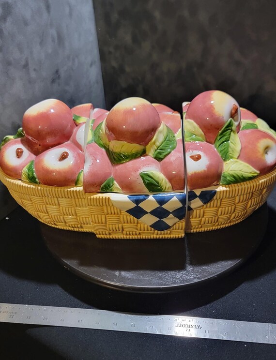 Susan Winget Apple Basket Canisters – 3 Piece Set | 1990s Country Kitchen Ceramic Storage Jars | Farmhouse Apple Decor