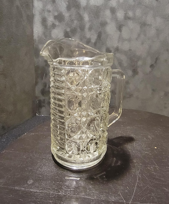 Vintage Fostoria “American (Cube)” Pattern Glass Pitcher – 6″ Small Clear Cube Motif Jug