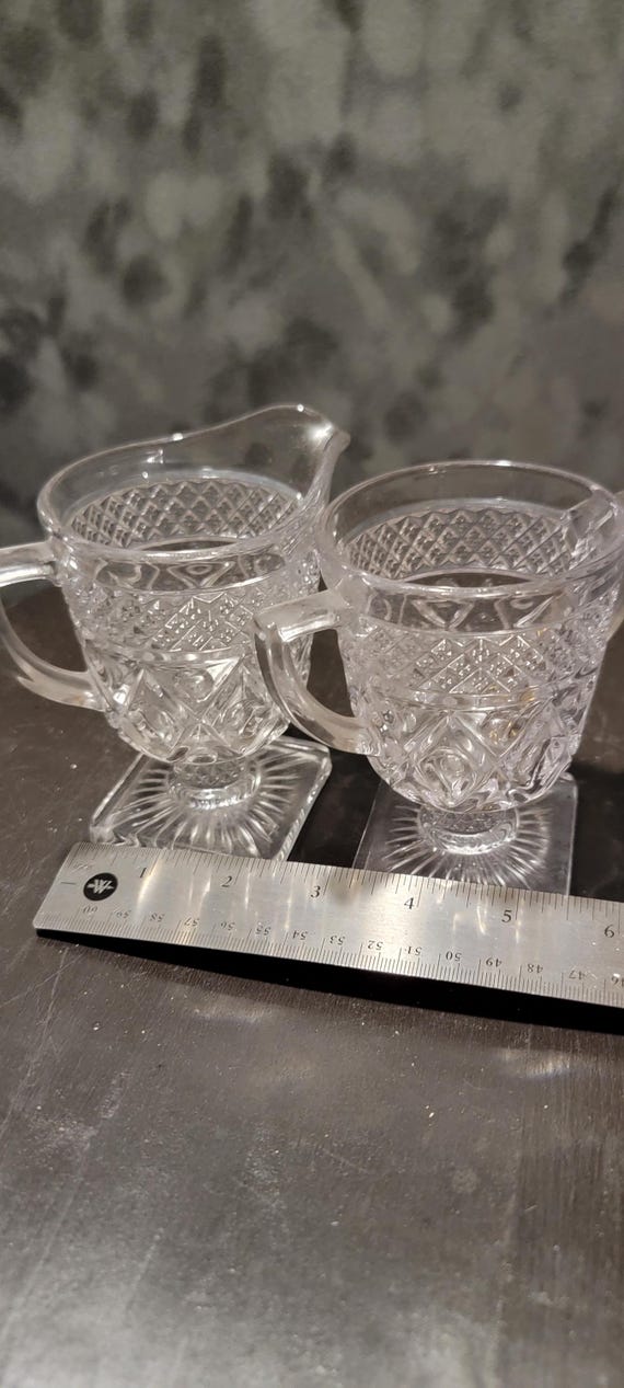 Vintage Diamond Point Glass Creamer & Sugar Bowl Set - 1940s Tableware