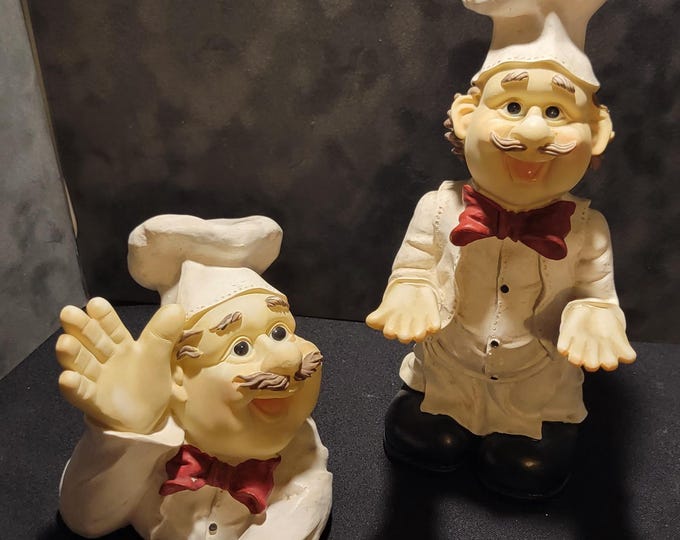 Vintage Chef Figurines Set of 2 – Retro Kitchen Decor – 1990s Chef Statues – Whimsical Kitchen Shelf Sitters – Restaurant Style Decor