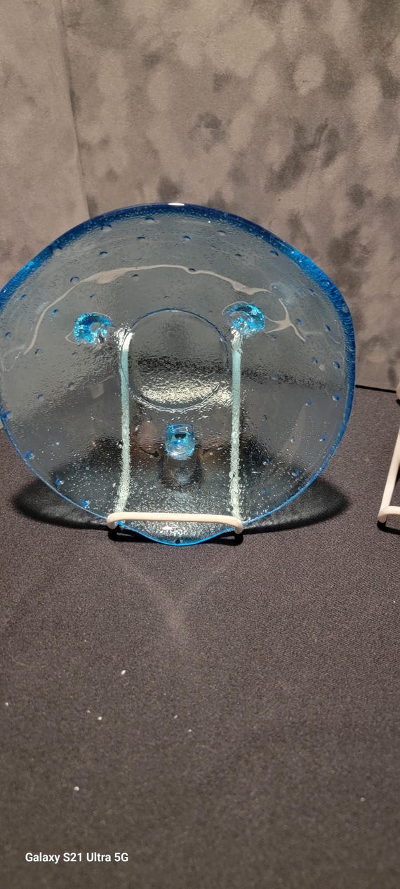 Vintage Blue Art Glass Bowl with Bubble Texture | Footed Hand-Blown Glass Dish | Aqua Decorative Centerpiece