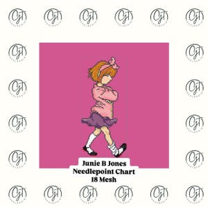 May include: A needlepoint chart featuring a cartoon girl with pink hair and a pink sweater walking. The chart is titled "Junie B Jones Needlepoint Chart 18 Mesh".