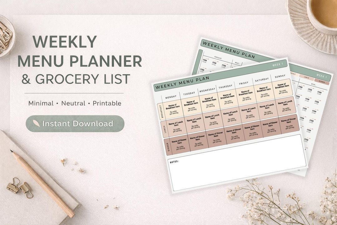 Weekly Meal Planner Printable | Minimalist Grocery List (digital ...