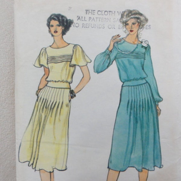 1970s Misses' Dress, 2 Piece Dress, Blouson Top & Midi Skirt, Flutter Sleeves- Vintage 70s Vogue Sewing Pattern 7030- Size 12 Bust 34 Cut