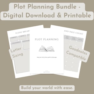 Peut inclure: Un ensemble numérique de planification d'intrigue avec des pages imprimables. L'ensemble comprend des pages pour les pauses de scène, le nombre de pages et la définition des objectifs. La couverture présente une illustration de livre ouvert. Le texte comprend "Letter Sizing" et "Goodnotes Compatible."