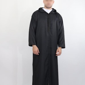Handmade sleek Men djellaba in Cotton , sublimated by refined sefifa and aakaad work , Black thin jellaba smooth surface , unique size