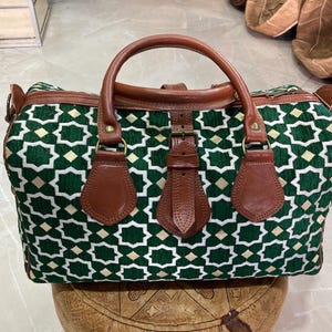 Green Handcrafted Leather & Kilim  Bag – Moroccan Vintage Duffle, Boho Weekender, Artisan Carpet Bag