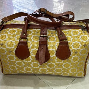 Yellow Handcrafted Leather & Kilim  Bag – Moroccan Vintage Duffle, Boho Weekender, Artisan Carpet Bag