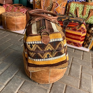Brown Handcrafted Leather & Kilim  Bag – Moroccan Vintage Duffle, Boho Weekender, Artisan Carpet Bag