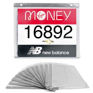 May include: A clear plastic sleeve with a white background and a black and white New Balance logo. The sleeve is designed to hold a race bib with the number 16892 and the text "Virgin Money" and "The 40th Race".