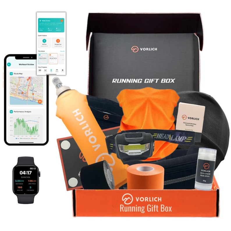 Caja de regalo para corredores: 13 artículos esenciales para correr (incluye cinturón, linterna frontal y app de entrenamiento) - Entrega rápida en EE. UU. Orange