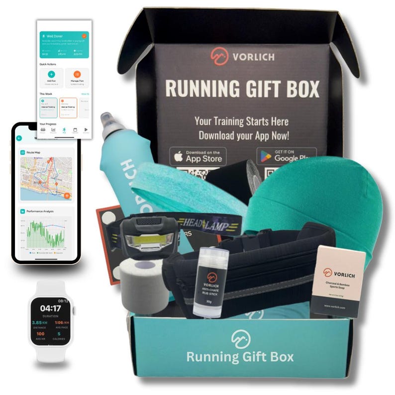 Caja de regalo para corredores: 13 artículos esenciales para correr (incluye cinturón, linterna frontal y app de entrenamiento) - Entrega rápida en EE. UU. Aqua