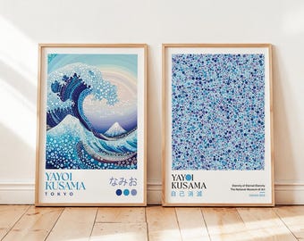 Yayoi Kusama Great Wave Set of 2 Posters: Modern Japanese Home Decor, Blue Art, Japanese Dot Print
