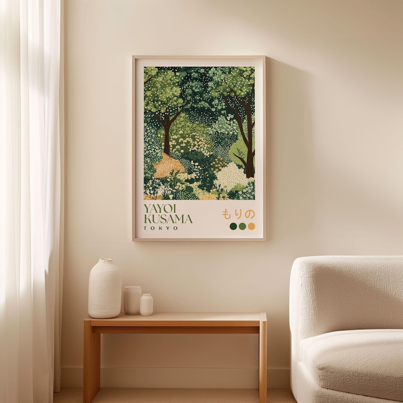 Yayoi Kusama-inspired forest art print with dotted green trees and foliage, framed and displayed in a calm minimalist living room with neutral tones, featuring Japanese text and earthy color swatches at the bottom