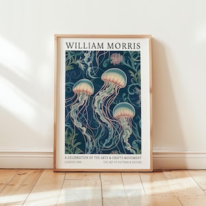 Impresión de medusas de William Morris - Arte para baño azul - Decoración oceánica - Impresión submarina - Arte costero para baño - Impresiones vintage para el hogar