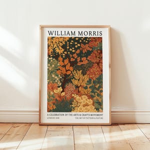 Arte de folhas de outono William Morris - Decoração vintage de outono - Impressão de quarto laranja - Impressão de parede de floresta - Arte de parede da natureza - Pôster de natureza verde