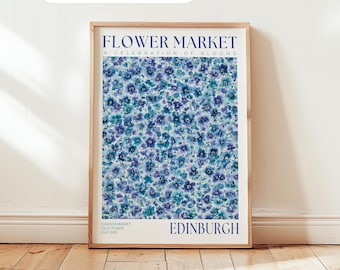 Flower Market Print: Blue Floral Art, Edinburgh Decor, Grassmarket Poster