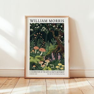 Arte de hongos del bosque de William Morris - Lámina artística de hongos - Decoración de pared de bosque - Lámina Goblincore - Póster de bosque oscuro - Póster de hongos para dormitorio