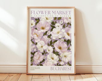 Purple Flower Market Poster: Bucharest Travel Print, Floral Bedroom Wall Art, Spring Flower Art