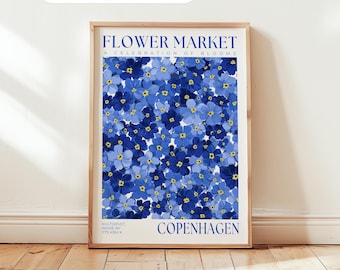 Copenhagen Flower Market Print: Blue Floral Art, Scandinavian Decor, Modern Flower Poster