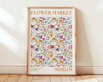 Flower Market Medellín Wall Art: Floral Pattern Art, Colombia Travel Poster, Colourful Spring Flower Prints