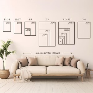 Wall art size guide above a 90-inch (229 cm) sofa, showing frame size comparisons from A5 to 24x36 inches in various aspect ratios including 11:14, 4:5, 2:3, and A1 to A5, displayed in a neutral living room setting
