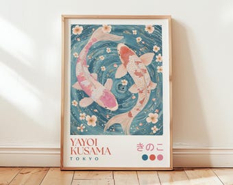 Yayoi Kusama Pink Koi Fish Poster: Blue Bedroom Print, Japanese Wall Decor