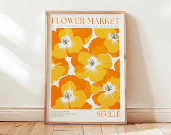 Flower Market Seville Wall Art: Orange Floral Print, Yellow Kitchen Poster, Modern Flower Art, Spain Travel Wall Decor