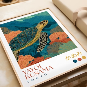 Close-up of the framed sea turtle print lying flat on a wrapping table. The intricate dot detailing and vivid coral textures are clearly visible.