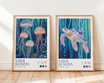 Yayoi Kusama Jellyfish Set of 2 Prints: Japanese Dot Art, Bedroom Poster, Blue Home Decor